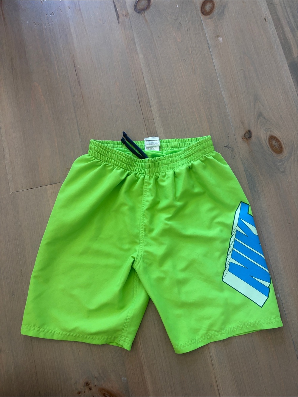Nike Neon Lime Green Boys' Shorts with Blue Logo (Youth Large)